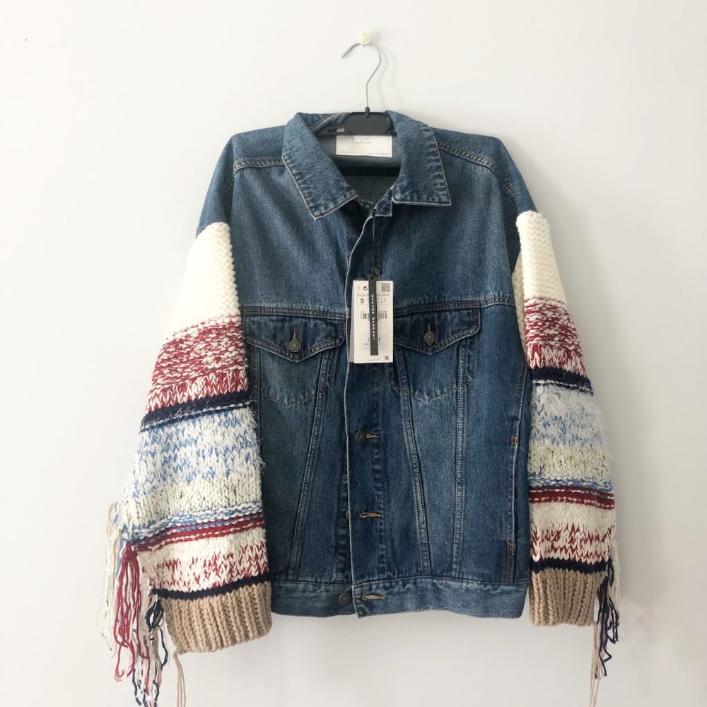 ✨ BNWT Zara Boho Denim Jacket with Knit Sleeves - Picture 2 of 5